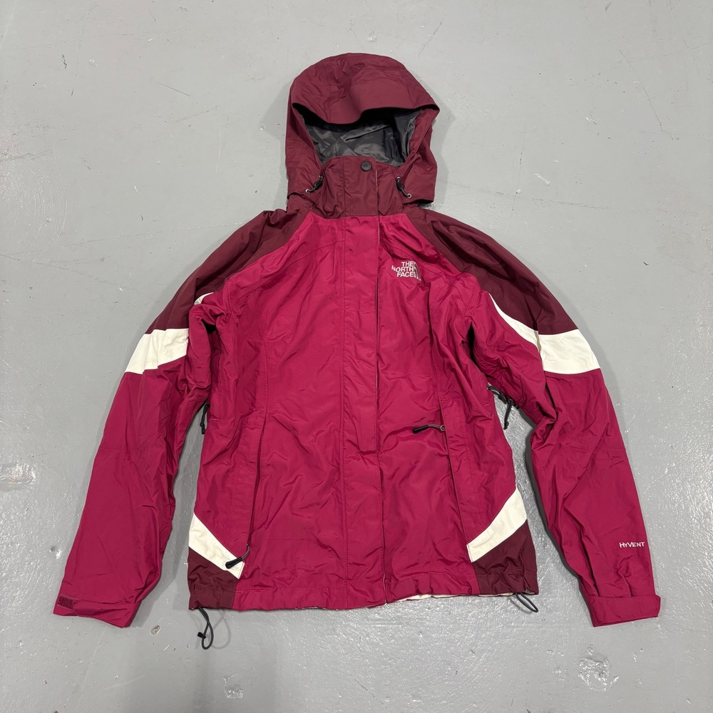 The North Face HyVent Rain Jacket Womens Small Pink Burgundy Colorblock Hooded